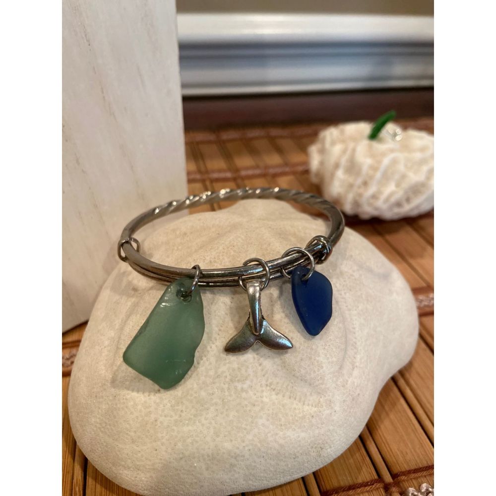 Cobalt Blue & Teal Sea Glass Bangle with Whale Tail